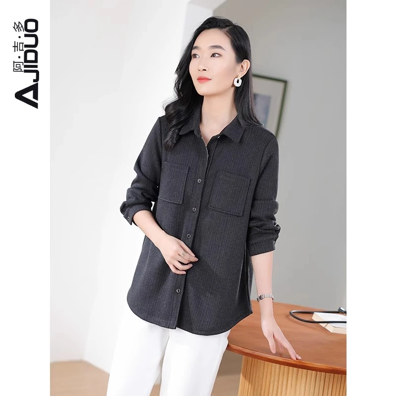 A30620阿吉多长袖衬衫女秋季新款简约高级气质上衣翻领早秋大码