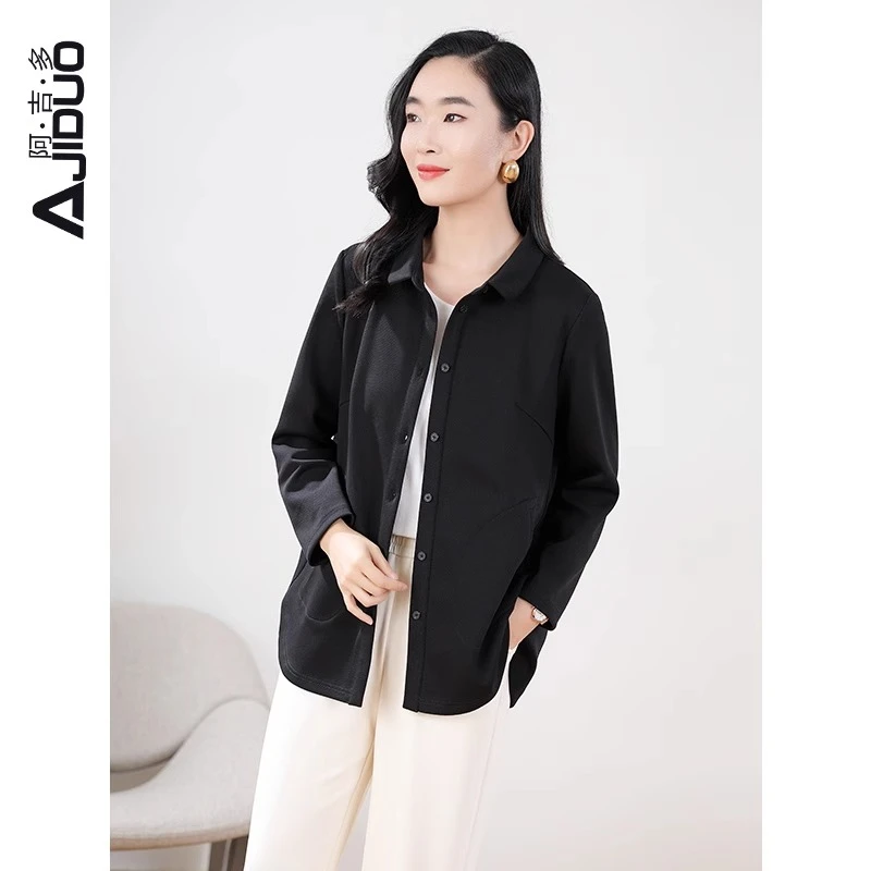A30603阿吉多黑色衬衫女2024新款秋季大码宽松衬衣薄款外套上衣