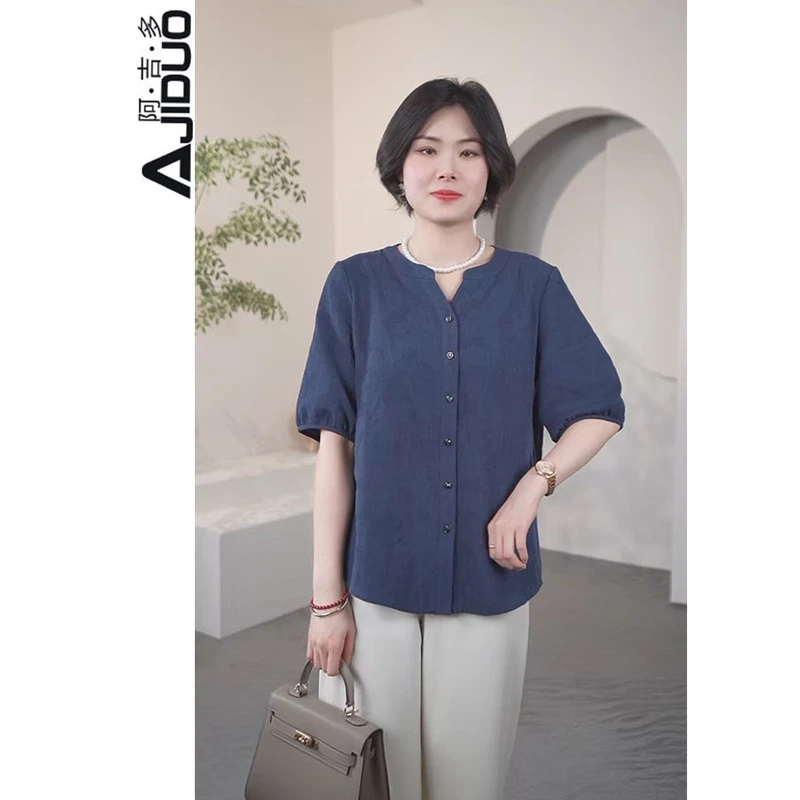 阿吉多A78905蓝色衬衫女2024新精致气质上衣宽松时尚通勤衬衫上衣