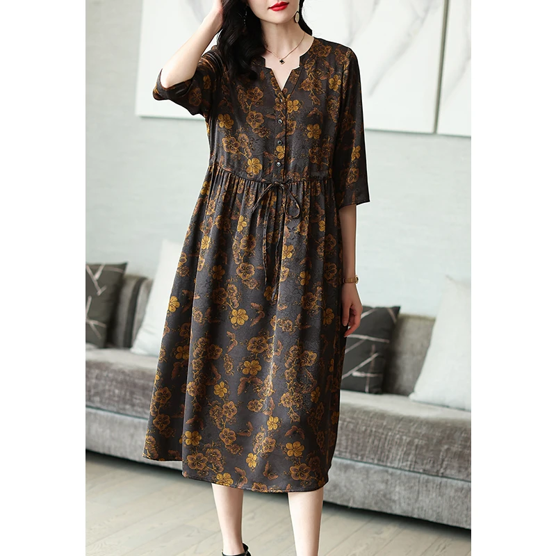 A81510人丝印花连衣裙女春秋2024年新款高端大码女装大牌妈妈裙子