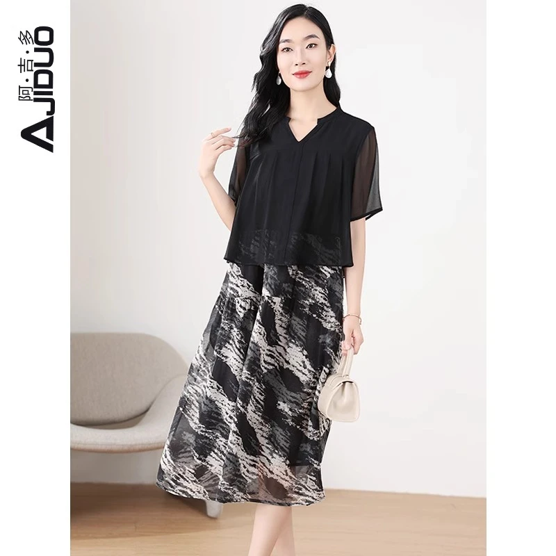 A73297阿吉多假两件连衣裙女夏季新款气质妈妈长裙显瘦高级感裙子