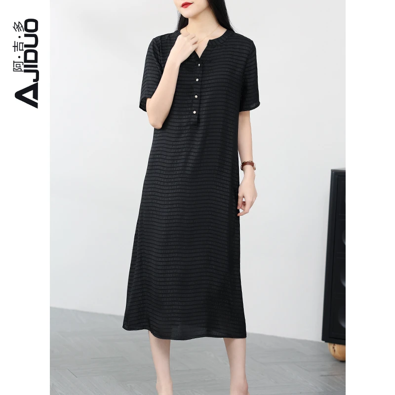 A83703阿吉多黑色连衣裙高级感茶歇法式微A直筒裙夏天新款女裙子