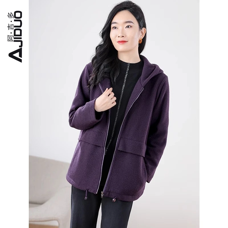 A30873阿吉多优雅紫色韵味中老年女装加绒加厚毛呢外套冬季新款