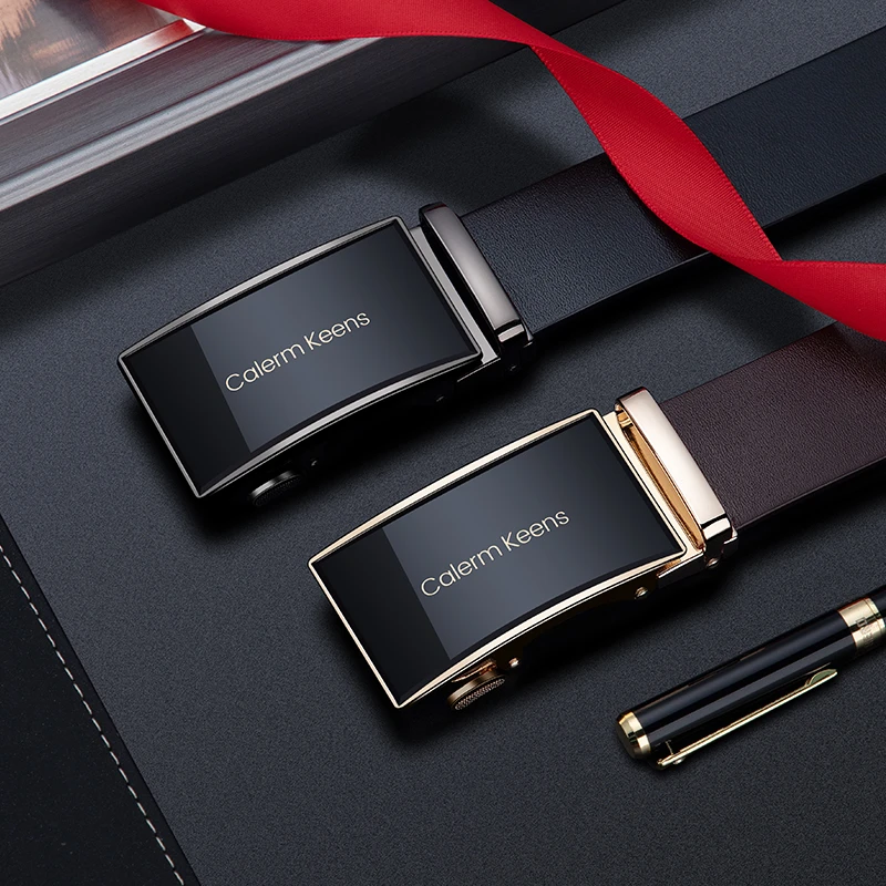 Calermkeens男士皮带头层牛皮高档商务时尚百搭腰带轻奢真皮光面