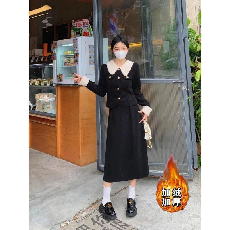 （80-200斤）加绒加厚冬季新款高级感气质法式显瘦大码套装裙1413