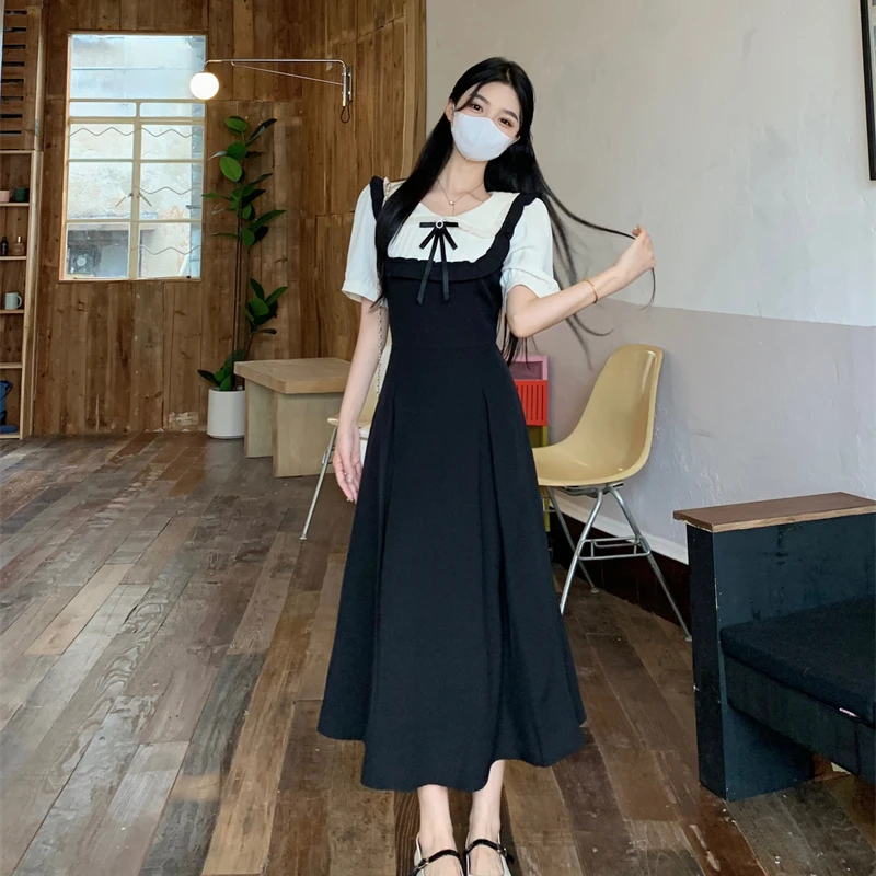 法式茶歇假两件衬衫连衣裙大码女装微胖mm娃娃领收腰裙子夏季1501