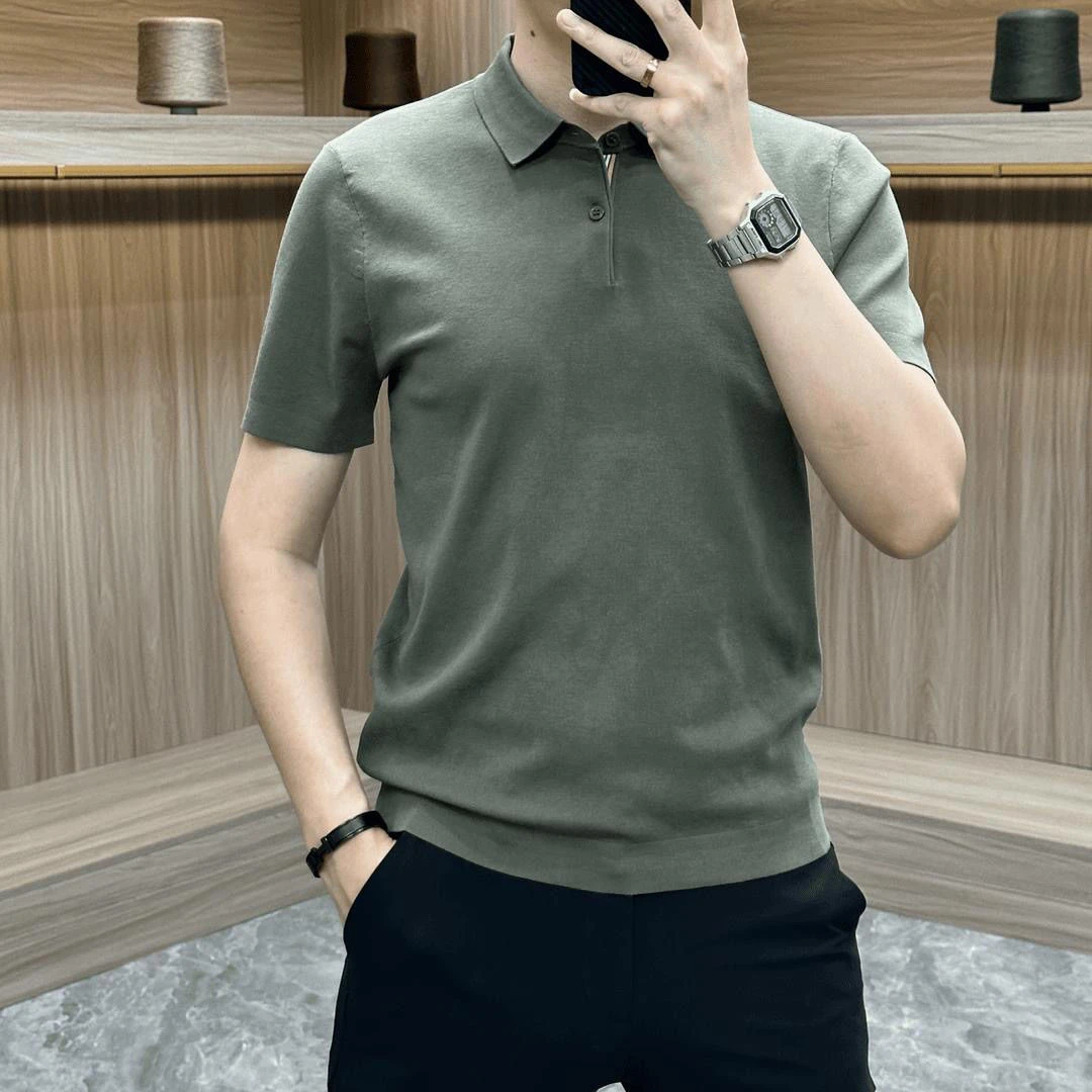 新款纯色百搭时尚针织男士短袖翻领休闲薄款透气T恤商务polo衫