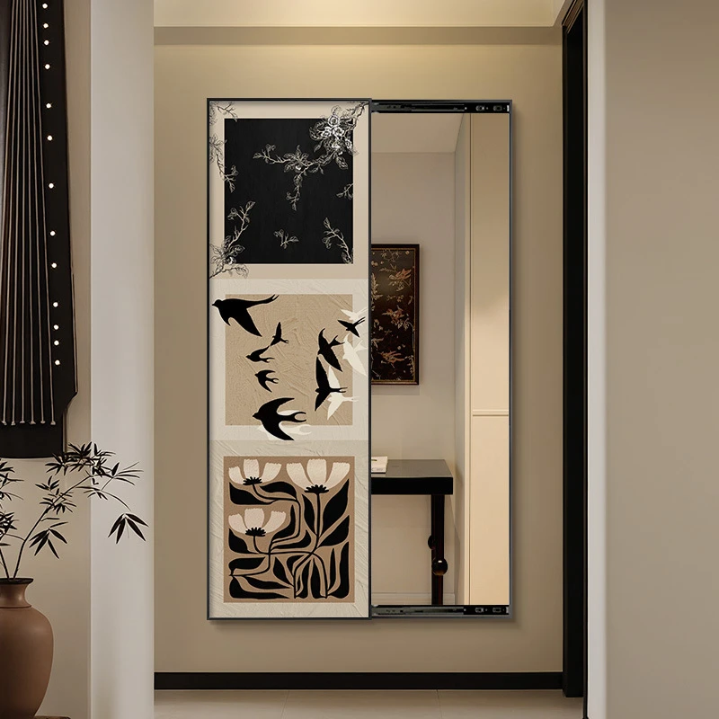 美式中古风玄关过道装饰画穿衣镜挂画暗藏式全身镜隐形推拉镜子画