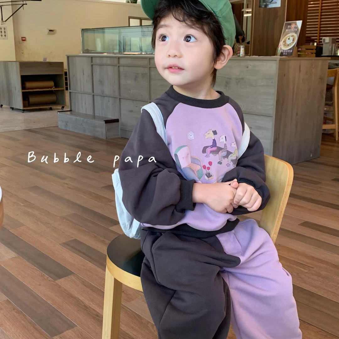 Bubble papa童装24秋男童棉圈卫衣卫裤双拼色套装MQ72011