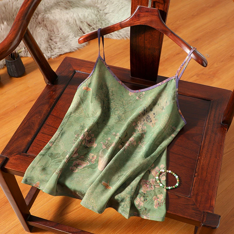 中国风印花醋酸吊带女内搭宽松显瘦无袖背心民族风夏季复古薄款