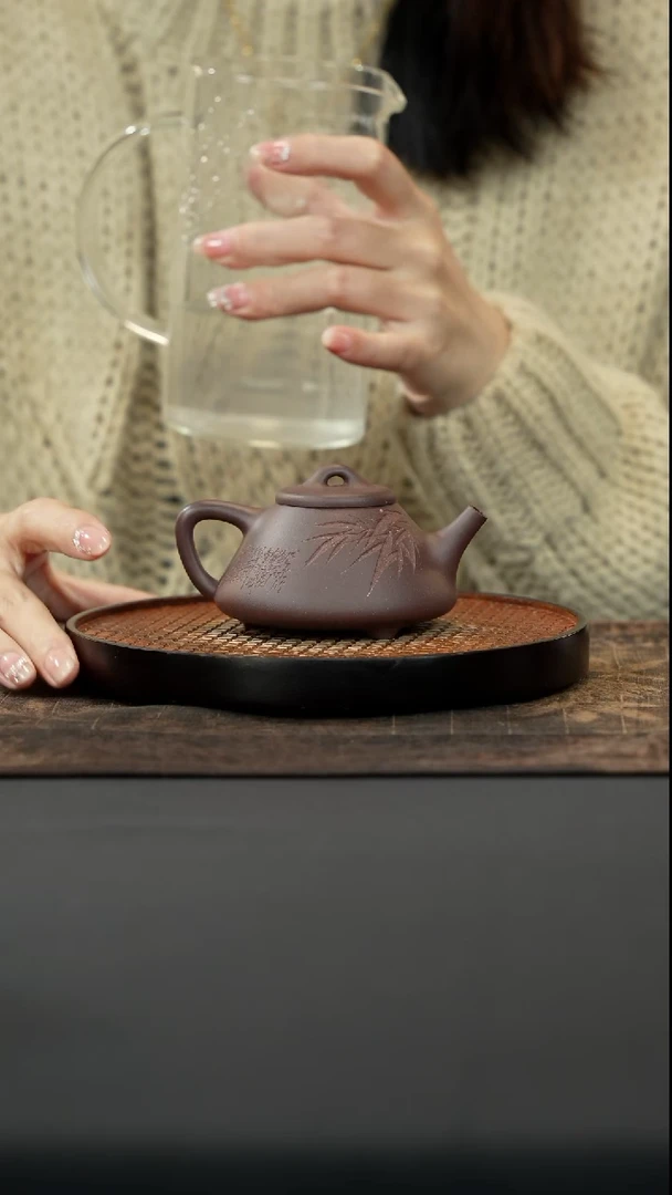 【闪购商品】紫砂茶壶120cc刻绘子冶石瓢紫泥