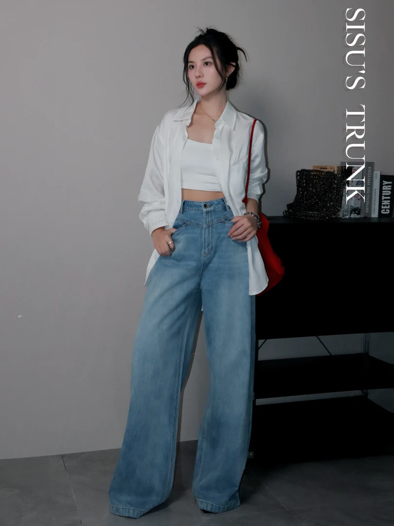 SISU【普希金】蓝色显瘦阔腿牛仔裤2024新款休闲百搭设计师款女长裤