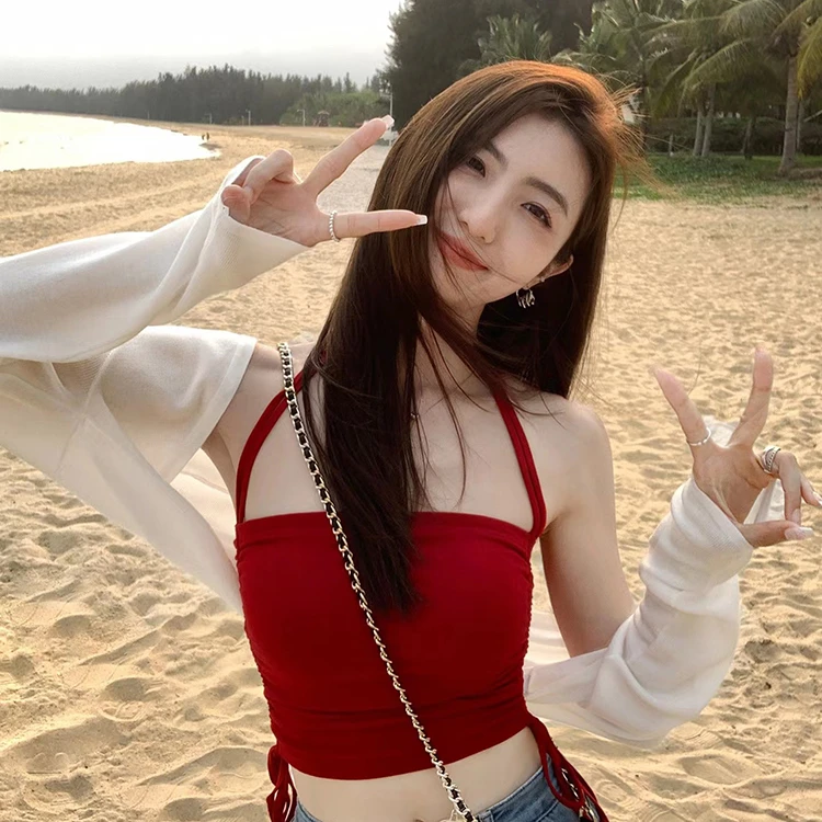 春夏挂脖针织抽绳背心吊带女纯欲辣妹性感风内搭美背系带无袖上衣