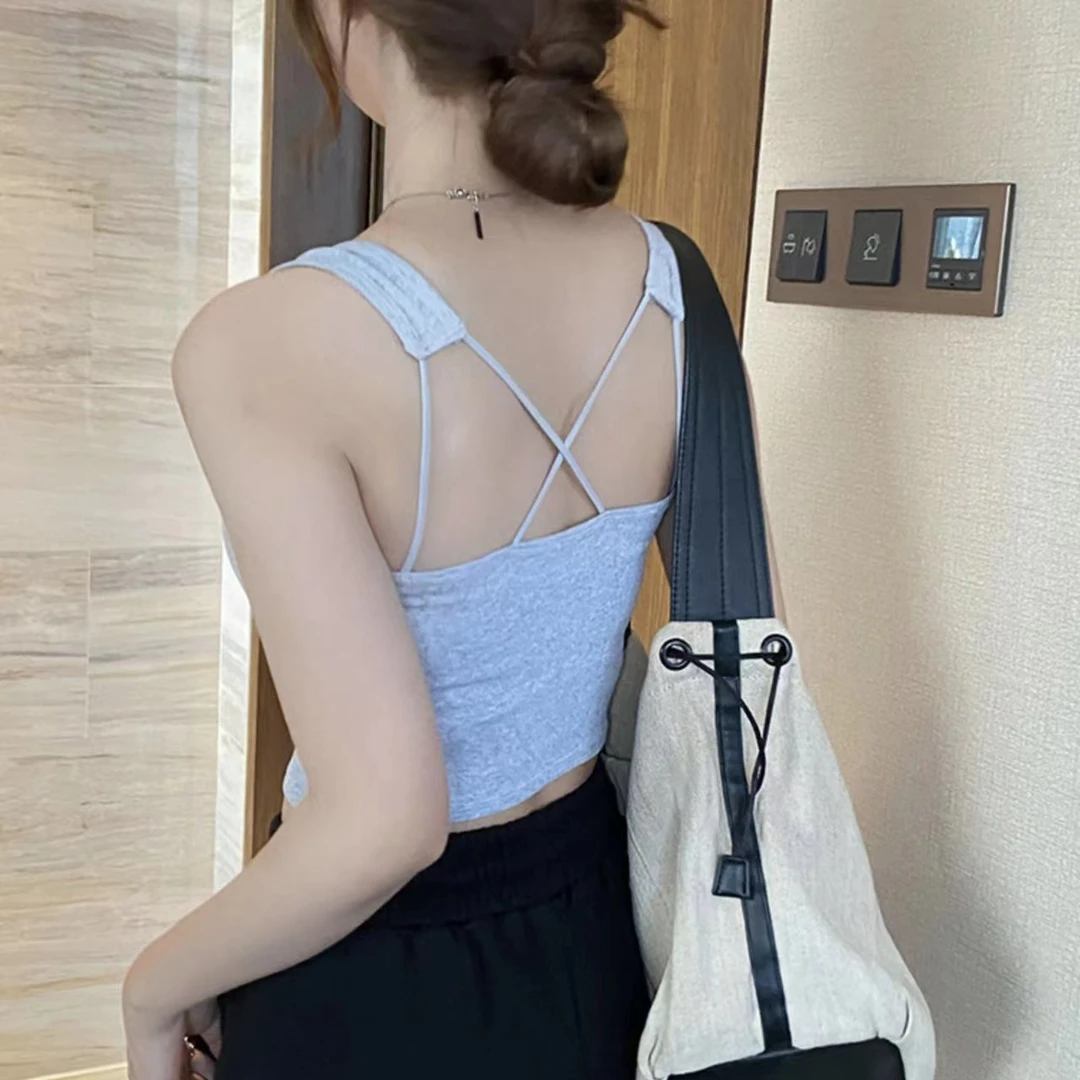 夏季新款宽肩带辣妹性感小吊带 交叉美背韩版短款内搭外穿小背心