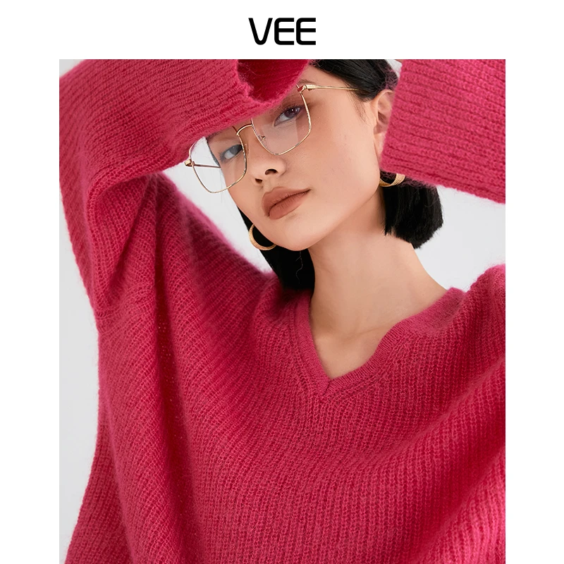 VEE【氛围感】长袖v领打底毛衫休闲毛衫纯色宽松慵懒套头针织衫女
