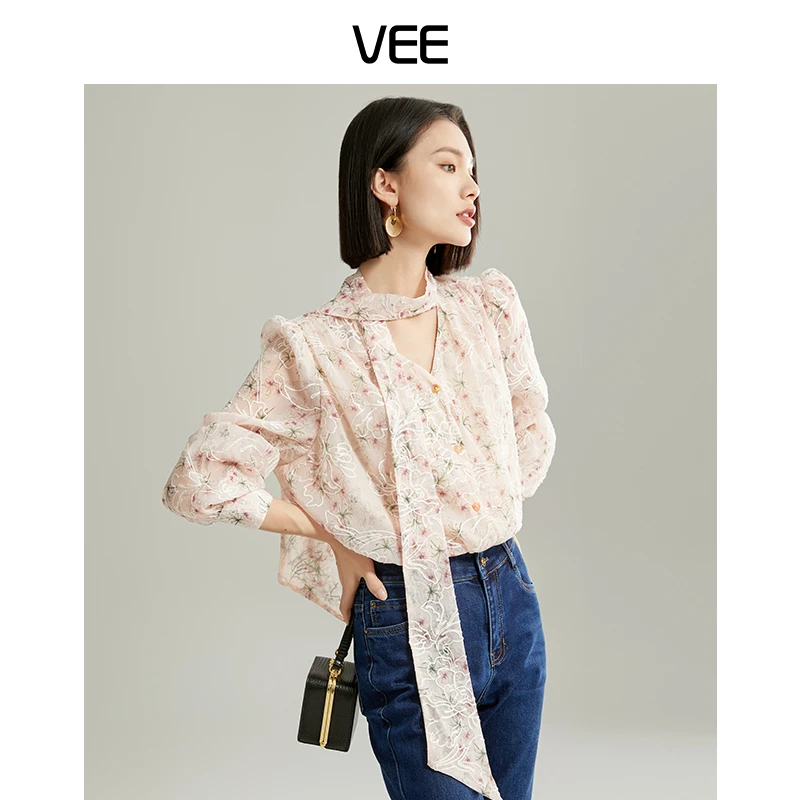 【短视频】VEE【爱的迫降】气质重工刺绣飘带长袖衬衫衬衣女