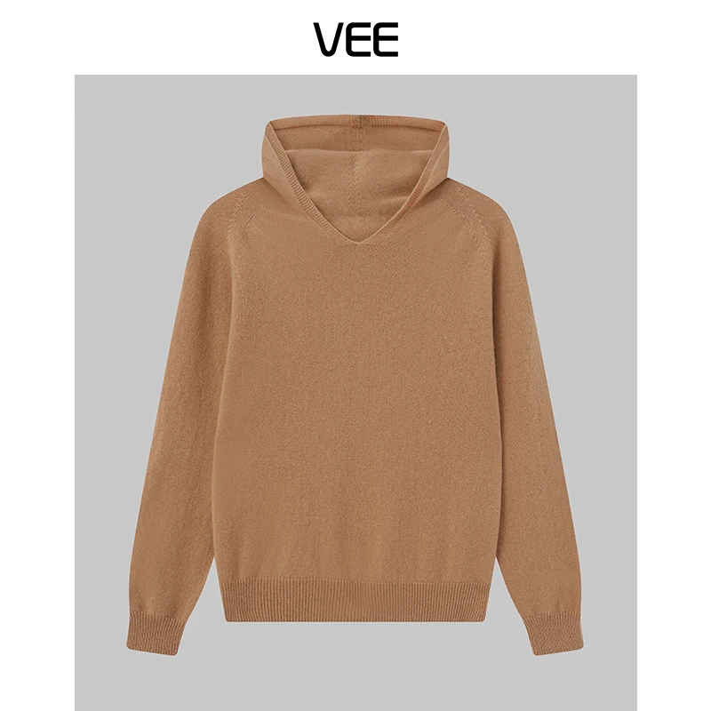 VEE【莫里奶茶】舒适套头百搭简约纯色连帽毛衣女