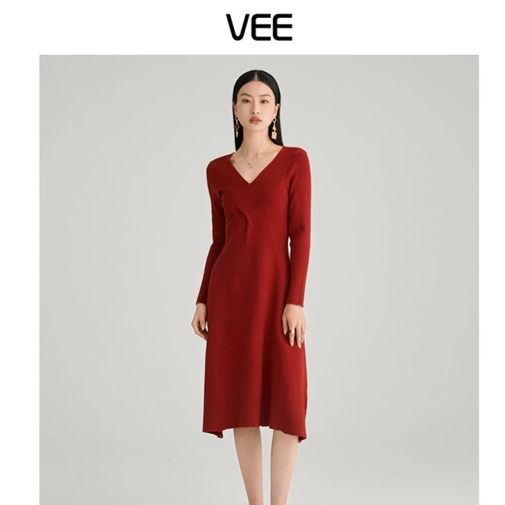 VEE 简约显瘦连衣裙修身纯色气质V领伞摆收腰红色打底长裙