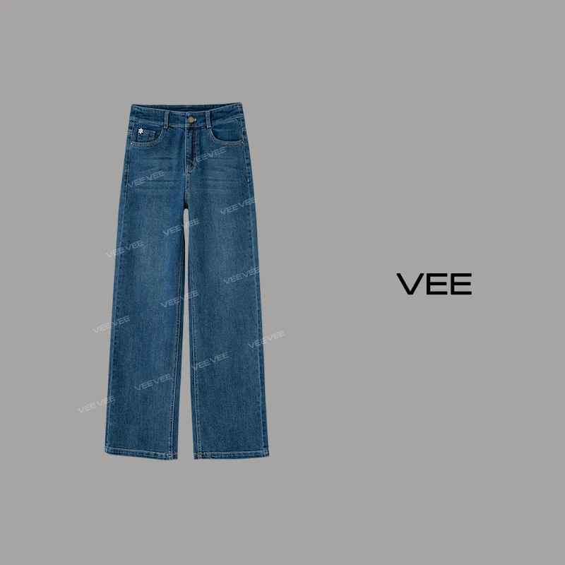 VEE【蓝莓优格】休闲时尚百搭显瘦弹力宽松高腰复古直筒牛仔裤