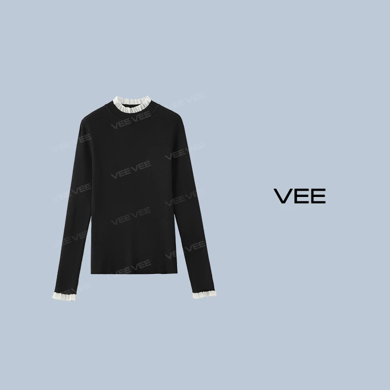【Ruby妈妈专属】VEE【氛围叠搭】长袖木耳边优雅圆领针织衫