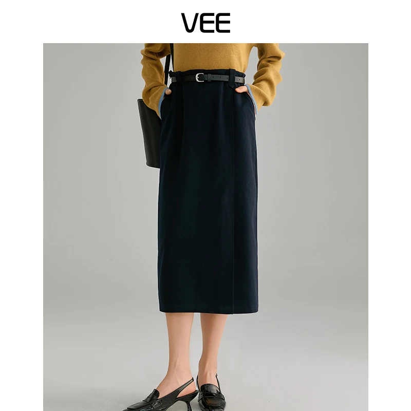 VEE【三行情书】新款休闲半裙简约百搭小A摆开叉长半裙毛呢半身裙