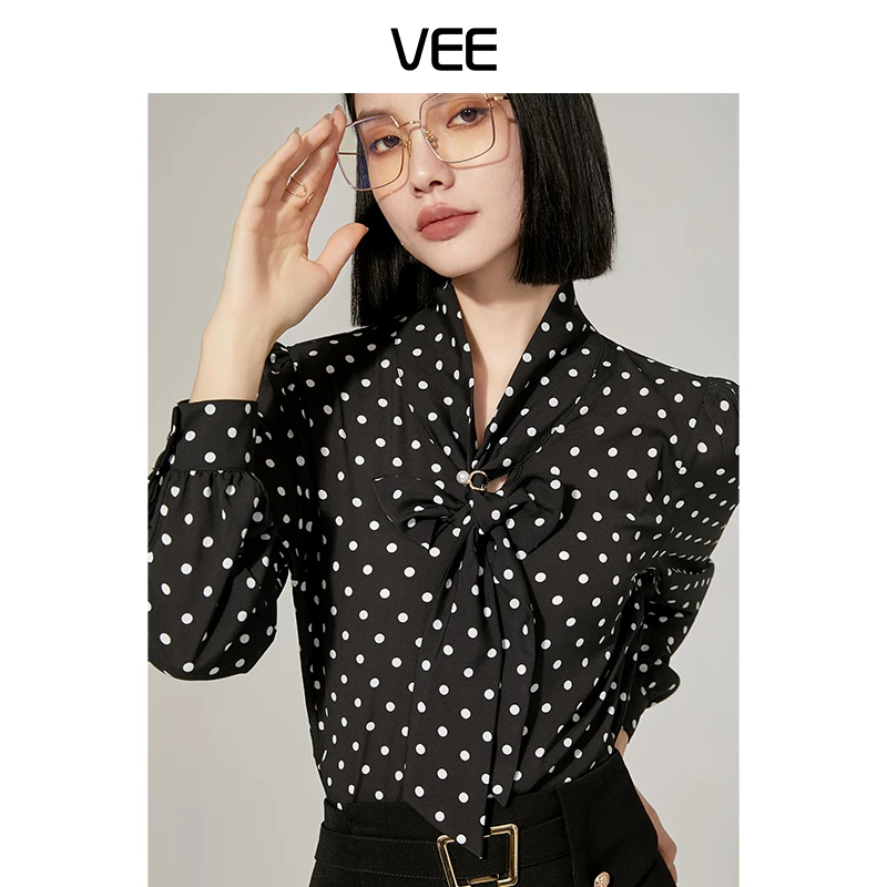 【短视频】VEE【心动符号】春新款时尚百搭通勤波点飘带法式长袖衬衫