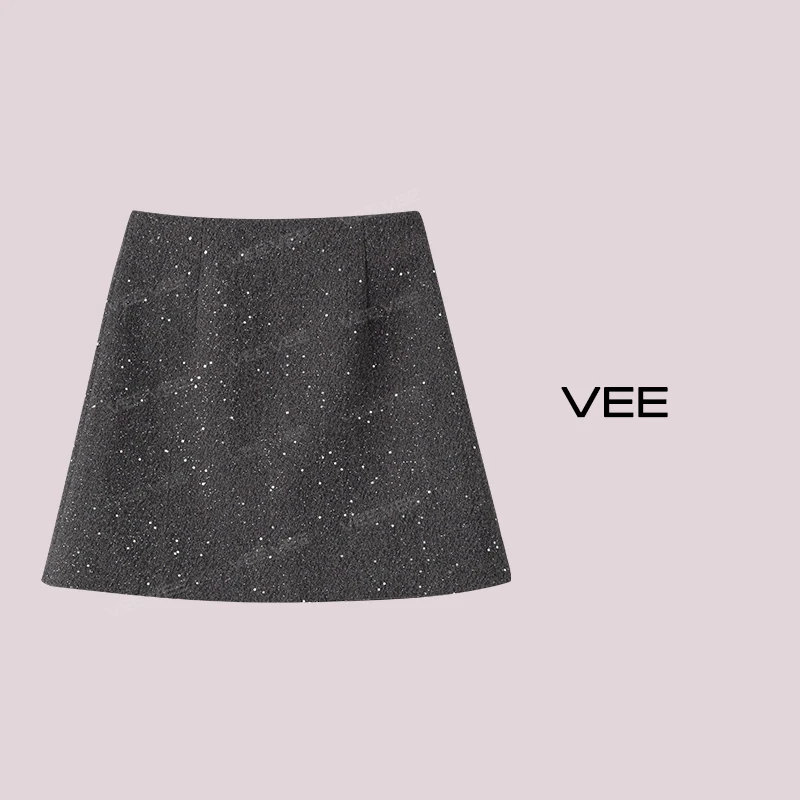 VEE【星光闪耀】新款时尚高腰百搭亮片冬季毛呢短半裙A字裙女