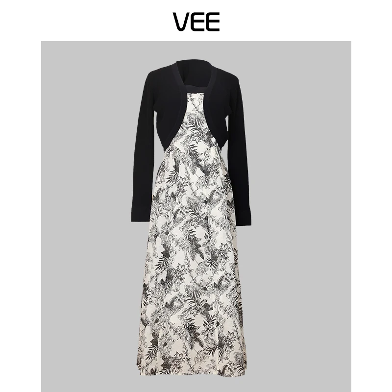 VEE【蝴蝶谷】设计感法式显瘦复古收腰气质新款印花吊带两件套