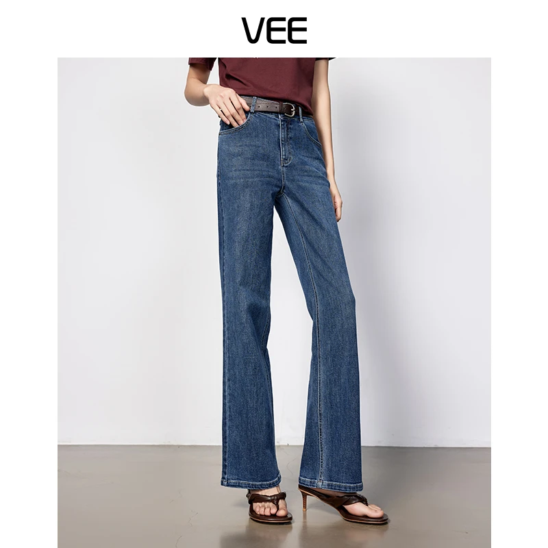 VEE【蓝莓优格】休闲百搭显瘦弹力裤子女宽松高腰复古直筒牛仔裤