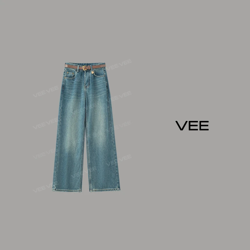 VEE【随性girl】【赠腰带】新款高腰复古百搭宽松冬季阔腿长裤牛仔裤