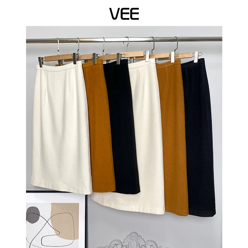 VEE【腿精密码】百搭显瘦毛呢简约纯色中长款长半裙半身裙