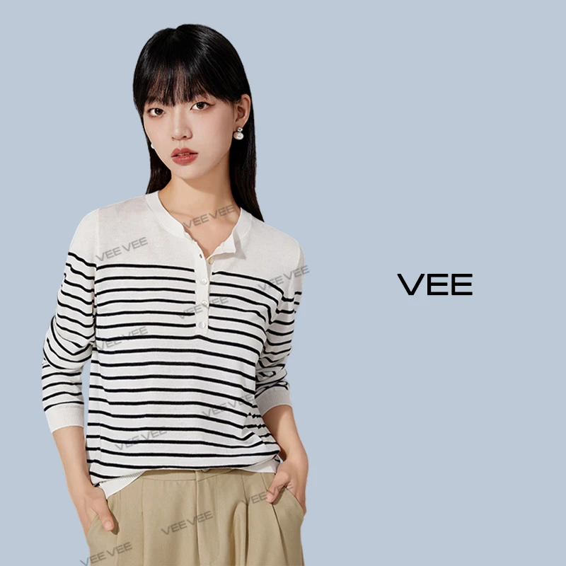 【穿搭号】VEE【加州天使】圆领单排扣针织衫条纹宽松薄款含绵羊毛衫