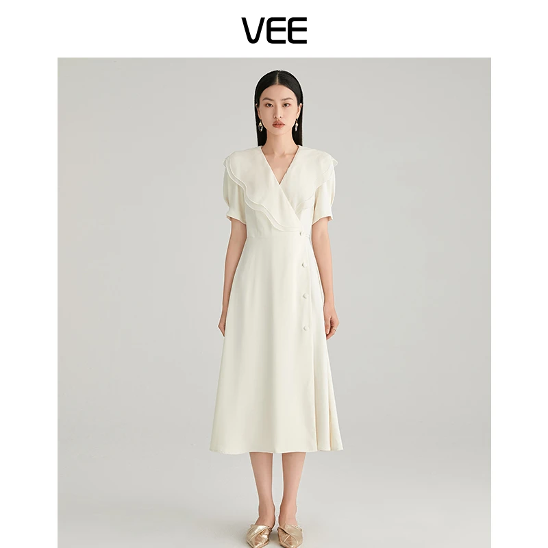 【短视频】VEE【女主角】韩系法式气质显瘦荷叶大翻领短袖连衣裙白色