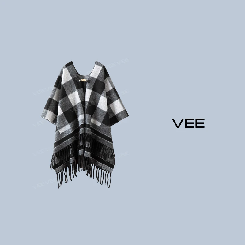 VEE 【新神话】新款秋冬时尚毛呢保暖格子披肩斗篷外套