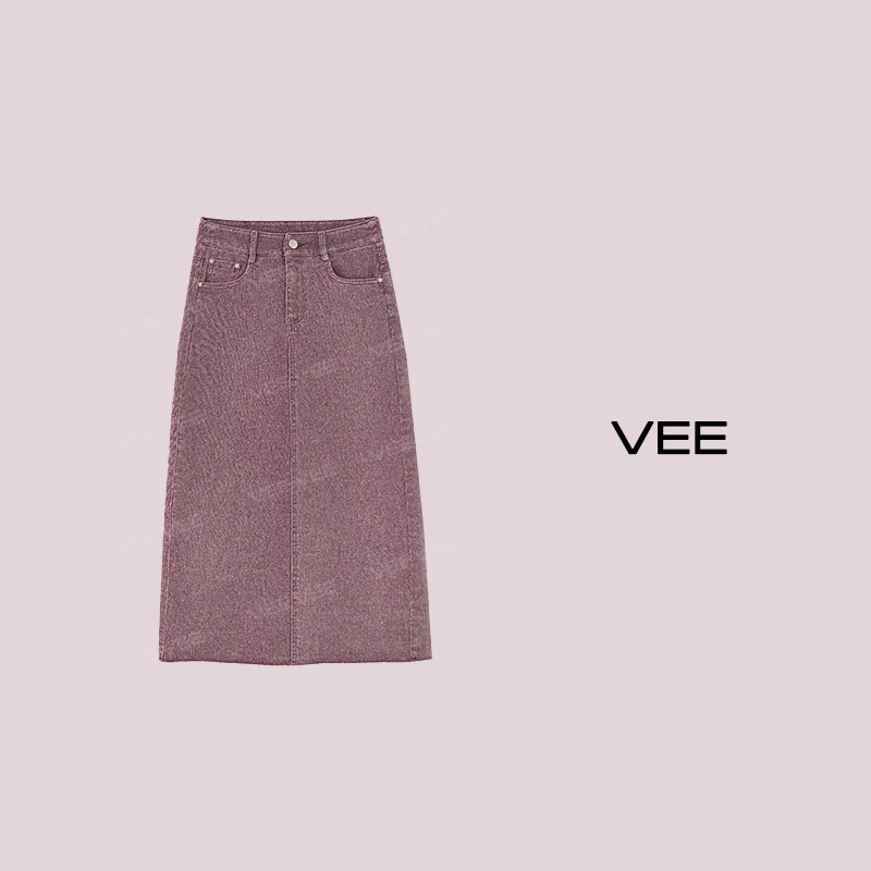 【短视频】VEE【色彩学】气质百搭新款简约时尚彩色牛仔直筒半裙