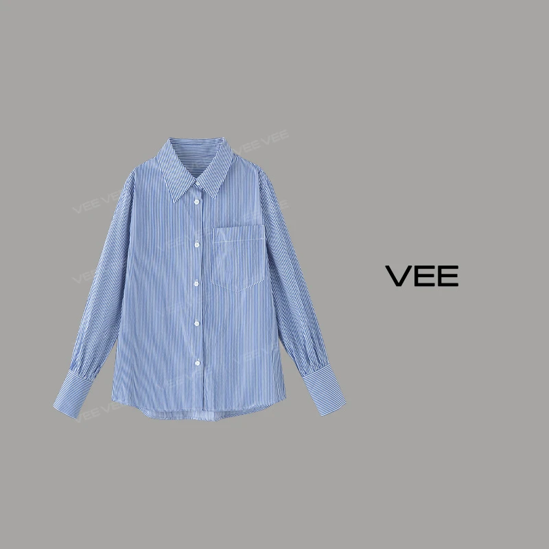 【短视频】VEE【法兰西情书】春季百搭设计感领条纹长袖衬衣衬衫女
