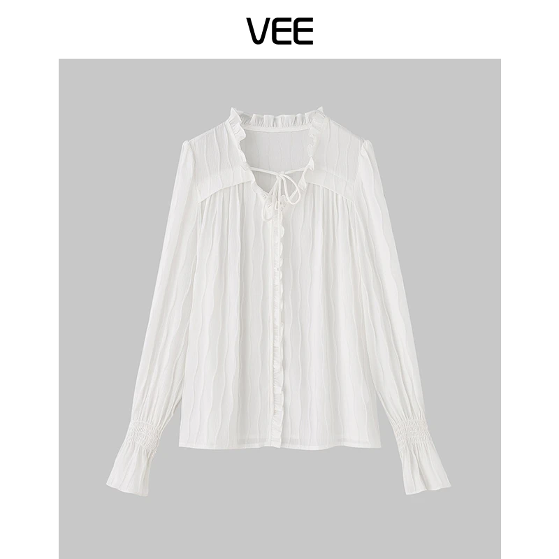 【短视频】VEE【人鱼公主】法式甜美减龄木耳边衬衫气质白色百搭
