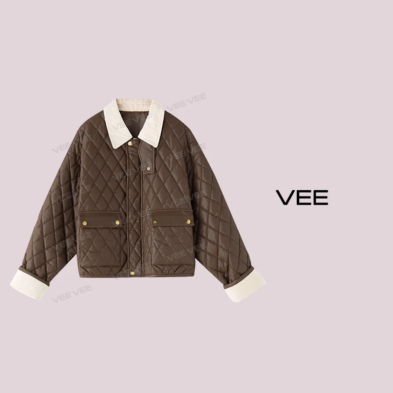 【短视频】VEE【漫游曲】秋冬新款韩版时尚休闲风菱格棉外套短款女士