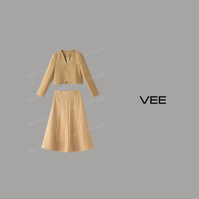 VEE【英伦往事】百搭显瘦轻熟长袖短款西装外套A摆半身裙套装
