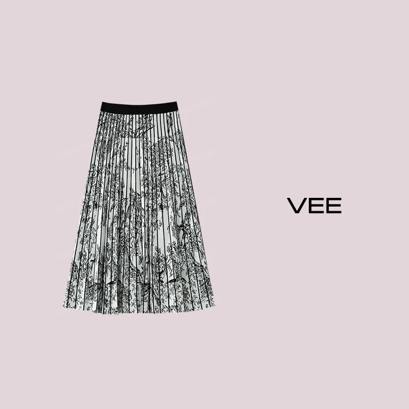 【短视频】VEE【挪威森林】法式压褶印花A字针织半裙气质高腰