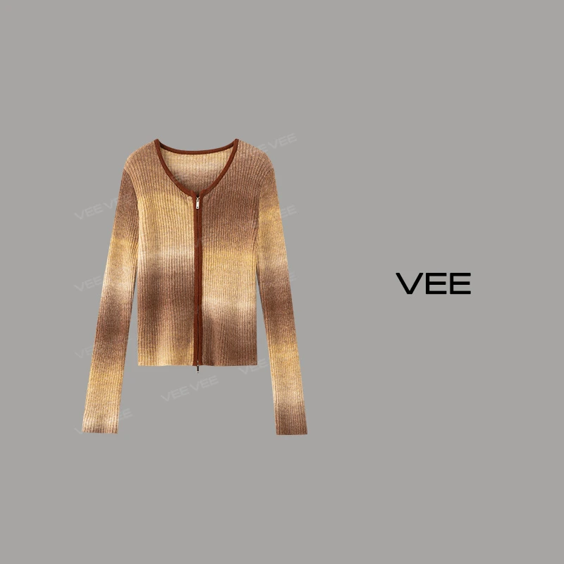 【短视频】【渐变小调】双头拉链时尚圆领长袖混纺渐变针织衫