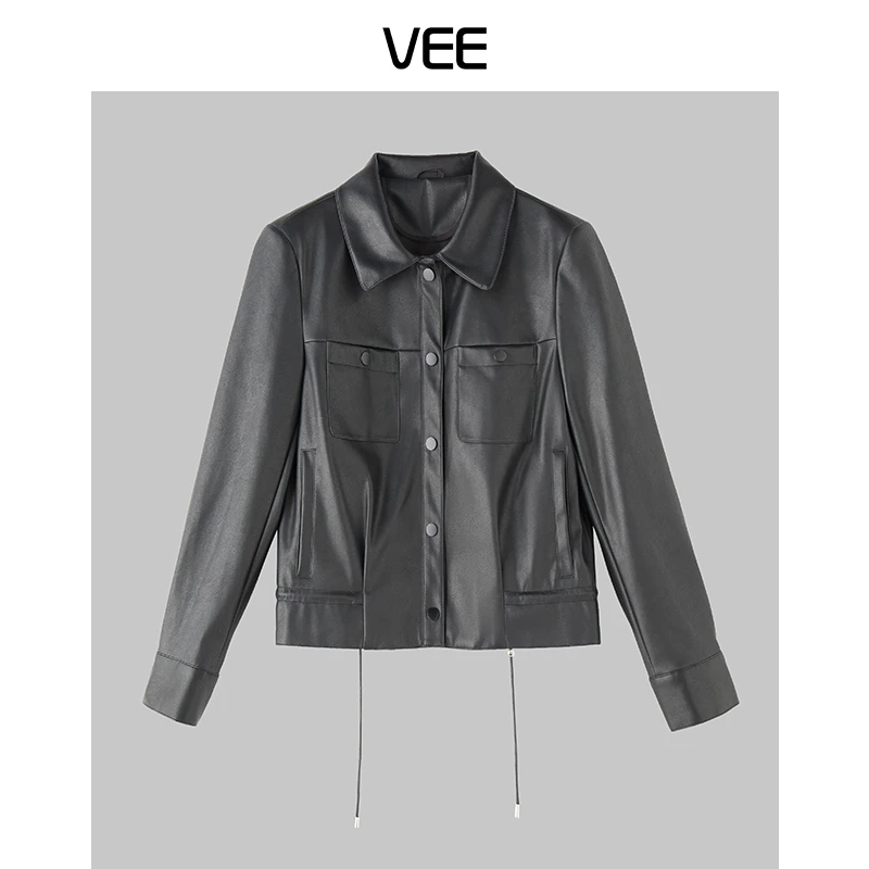 【短视频】VEE【左岸】气质美拉德复古休闲显瘦翻领皮革短款夹克外套