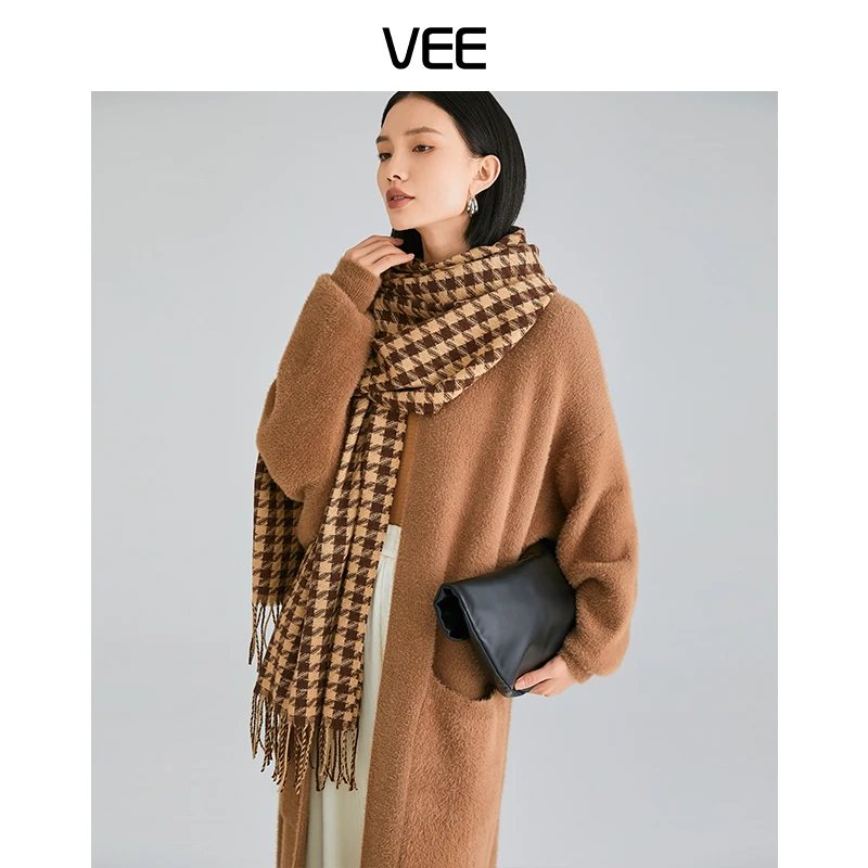 VEE【低调优雅】细格子流苏长款女士围巾针织时尚保暖加厚百搭双面