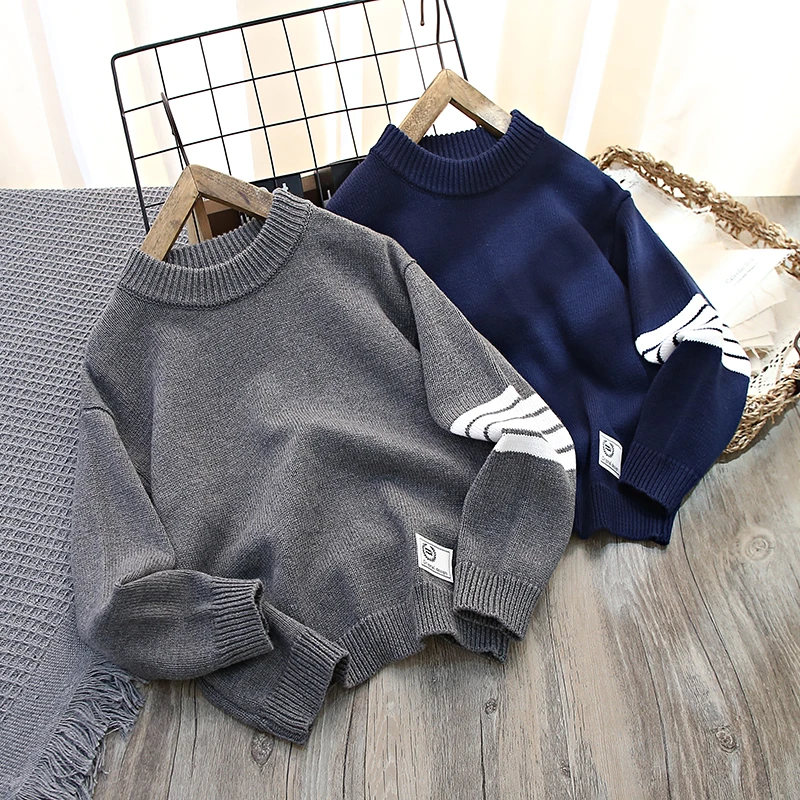 秋冬季儿童四条杠袖中大童纯棉圆领毛衣   034