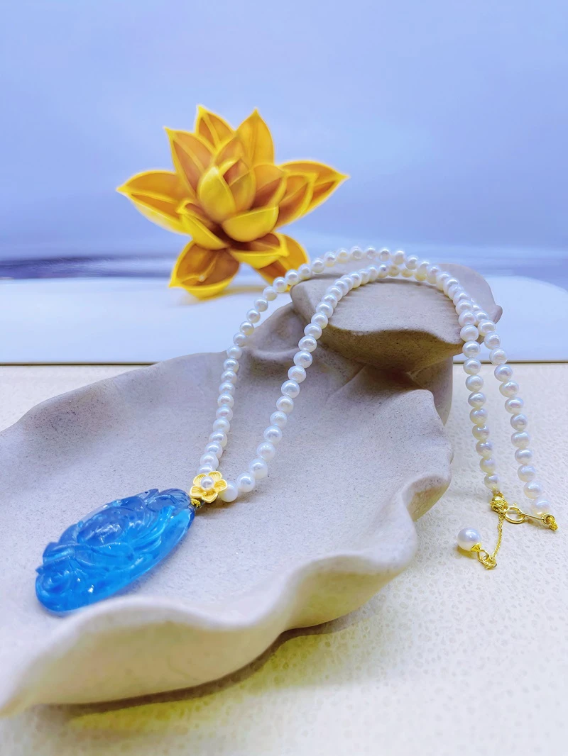 海蓝宝和珍珠手工妈妈百搭项链精美时尚