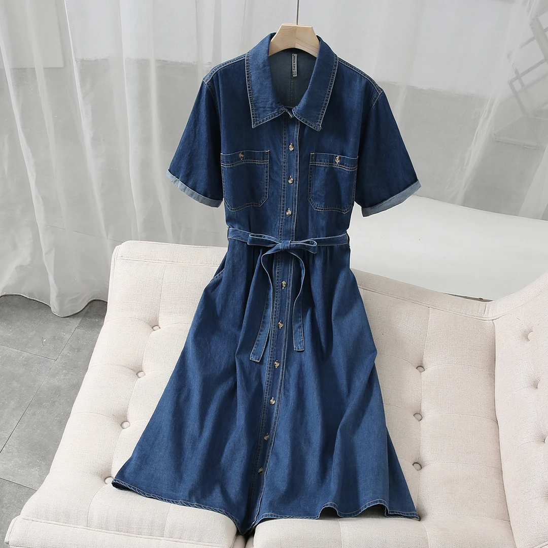 牛仔女装连衣裙气质显瘦复古时尚夏季休闲中长款短袖中长裙收腰夏