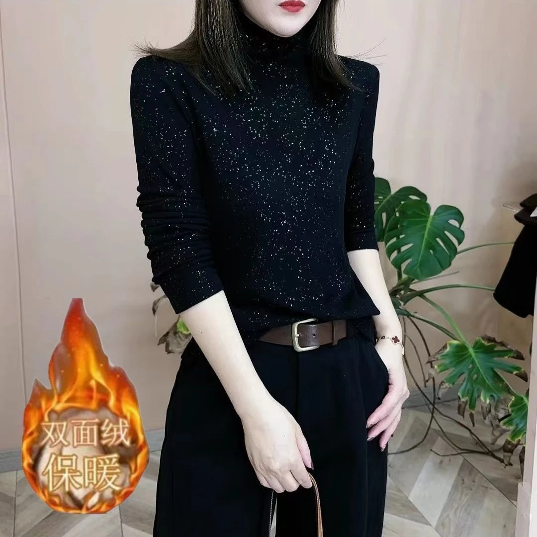 双面德绒打底衫女省钱风高级感穿搭时尚洋气时髦亮片磨毛薄绒小衫