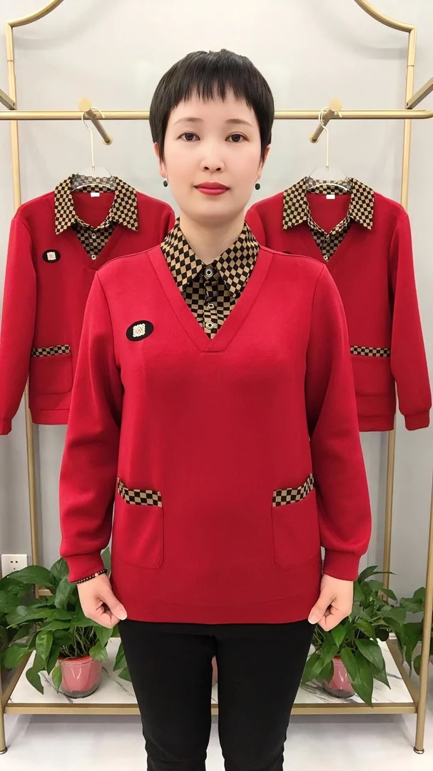格子拼接假两件打底衫女士春秋长袖衬衫领宽松显瘦妈妈款休闲上衣