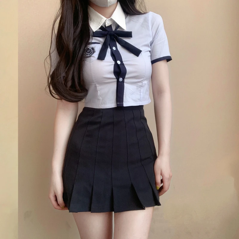 韩式JK制服套装甜美学院风包臀短裙修身短袖衬衫校服修身辣妹套装
