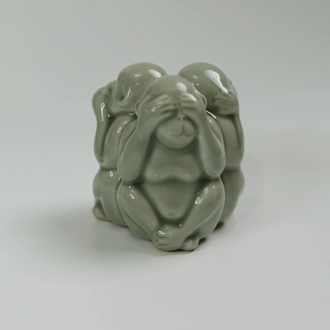 耀州窑三不摆件青瓷摆件猴子